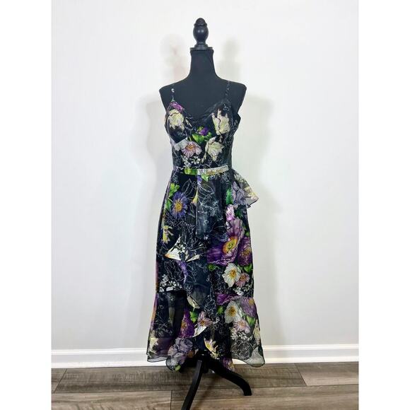 Marchesa Notte Women's V-Neck Floral Print Ruffle-Tiered Dress Size 6 Sleeveless - Picture 2 of 6